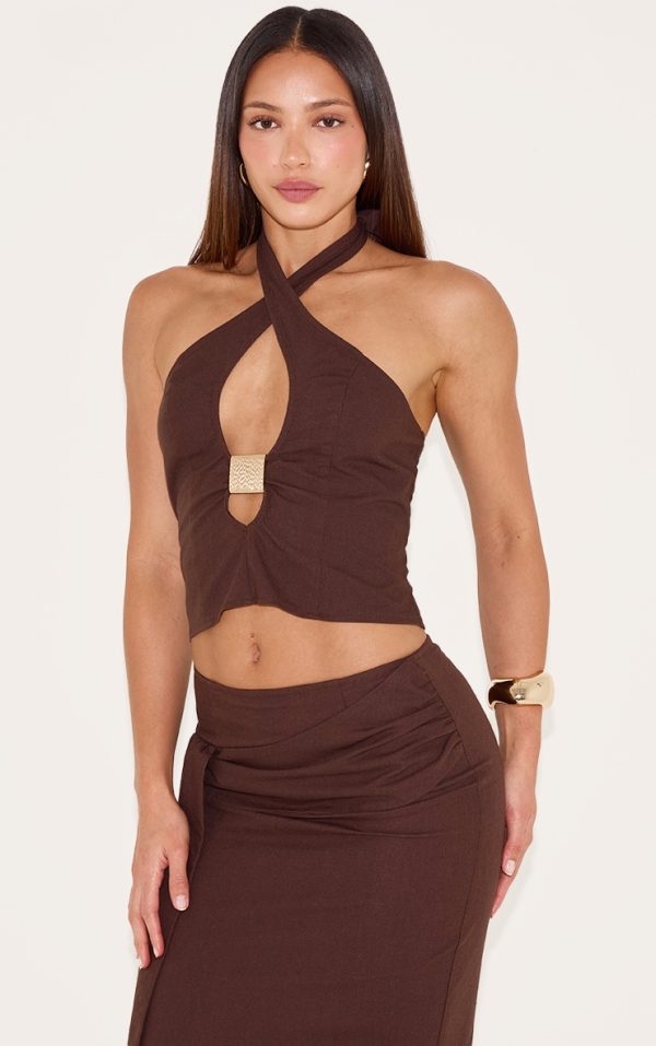 Tall Chocolate Trim Detail Halterneck Crop Top