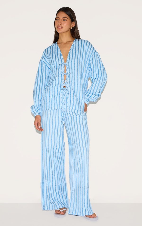 Blue Striped Textured Tie Drawstring Wide Leg Pants