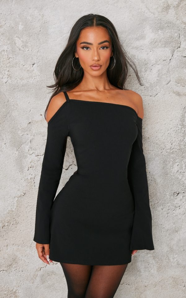 Petite Black Asymmetric One Shoulder Flared Sleeve Shift Dress