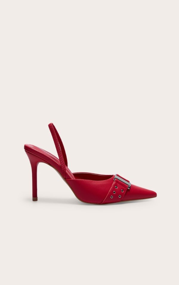 Red Pu Point Toe Buckle Detail Mid Heeled Courts
