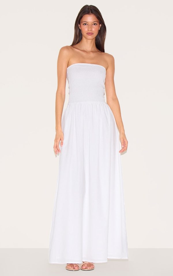 White Bandeau Shirred Detail Maxi Dress