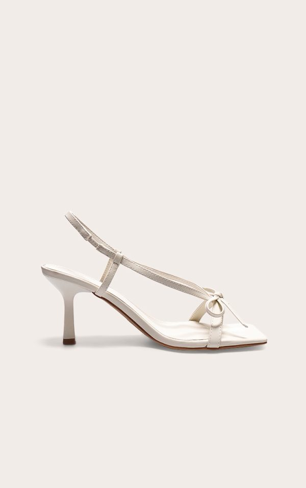 Cream PU Square Toe Bow Sling Back Mid Heeled Sandals