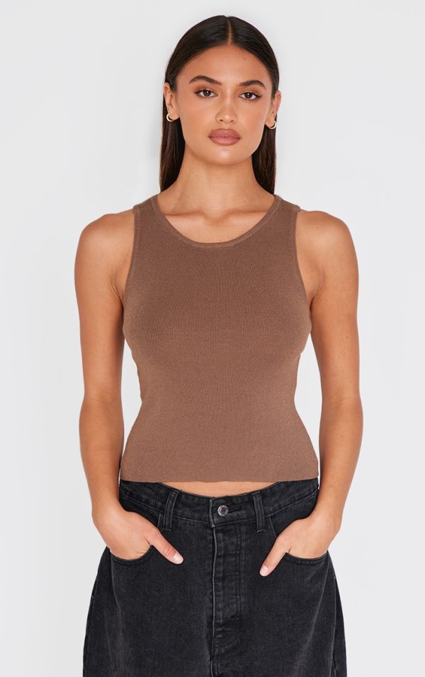 Mocha Fine Knit  Racer Neck Top