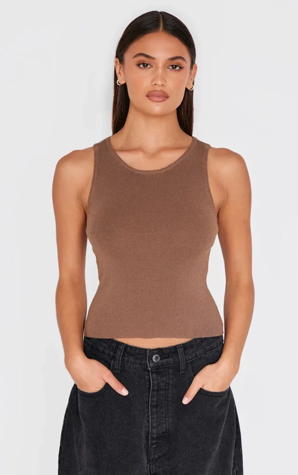 Mocha Fine Knit  Racer Neck Top