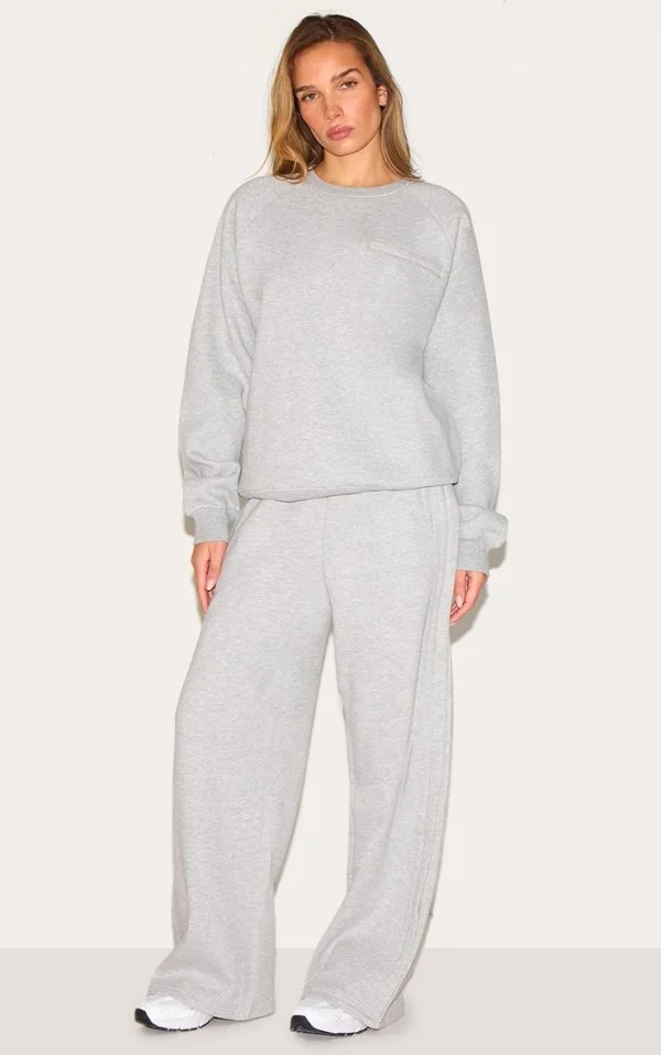 Ash Grey Wide Leg Pleated Detail Sweatpants