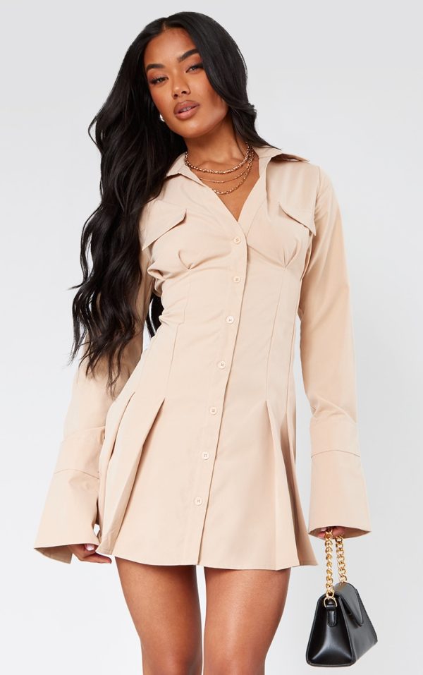 Stone Poplin Pleated Flared Sleeve Shirt Dress