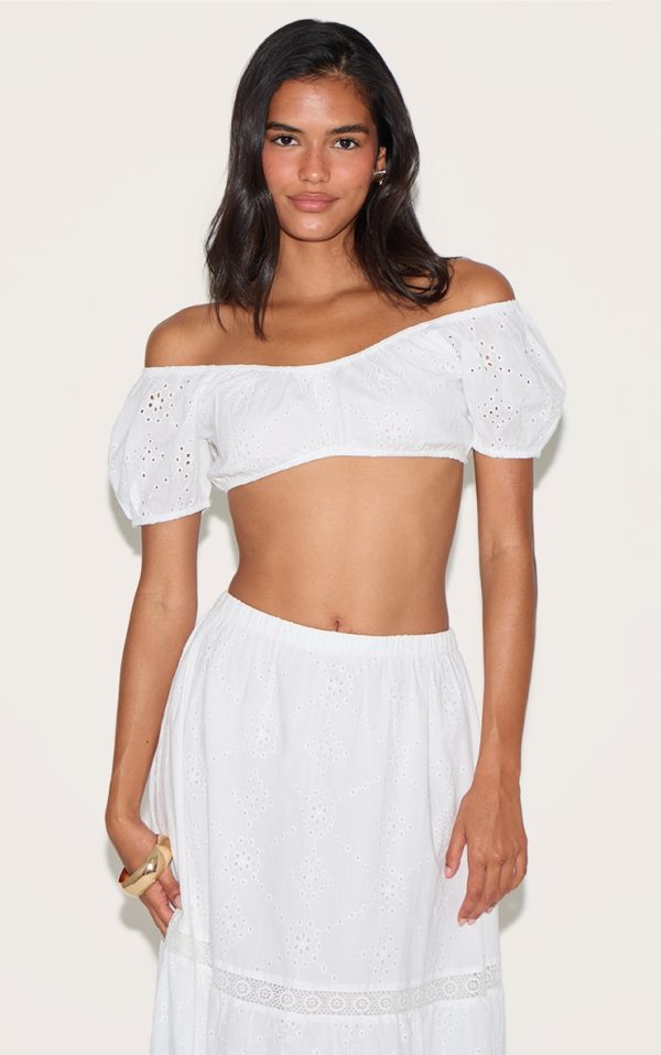 White Broderie Bardot Crop Top