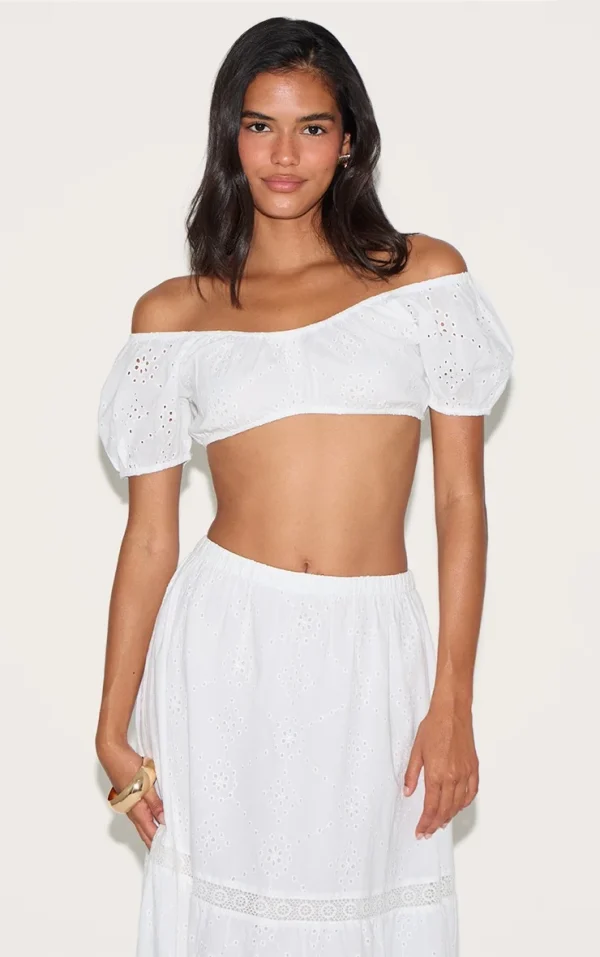 White Broderie Bardot Crop Top