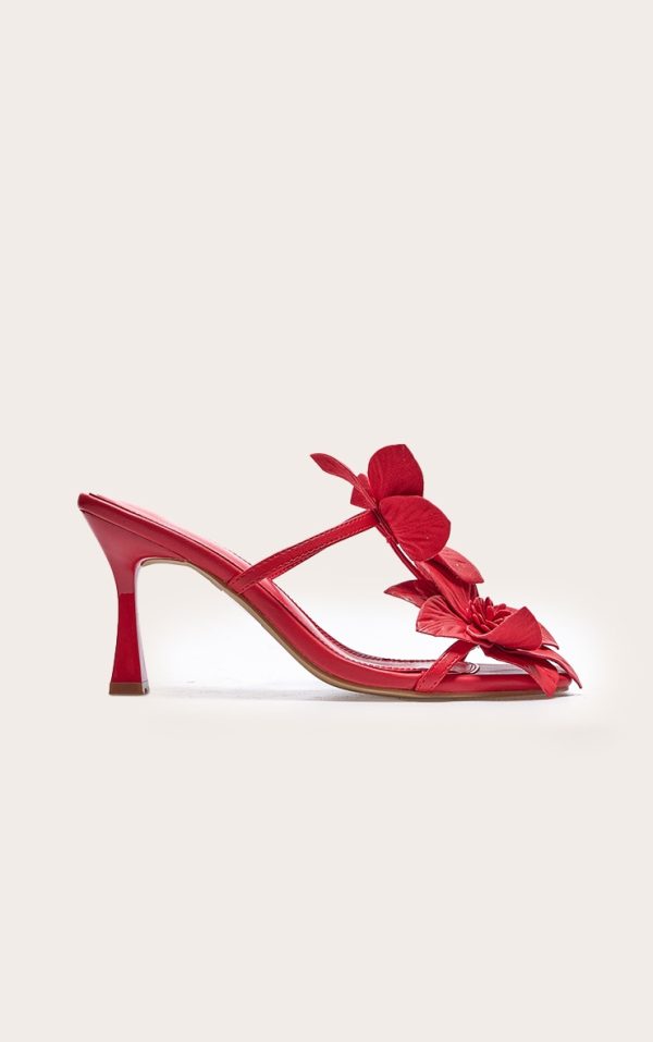 Red Pu Square Toe Multi Flower Detail Mid Stiletto Heeled Mules