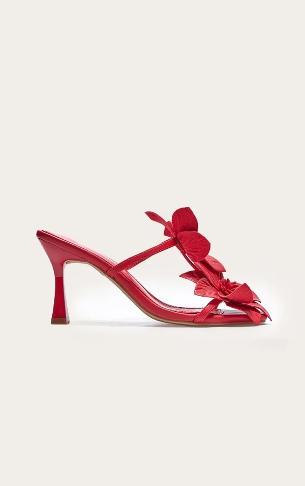 Red Pu Square Toe Multi Flower Detail Mid Stiletto Heeled Mules