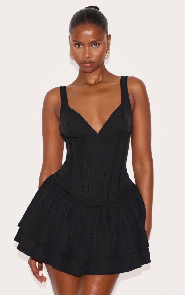 Black Woven Corset Detail Skater Skort Romper