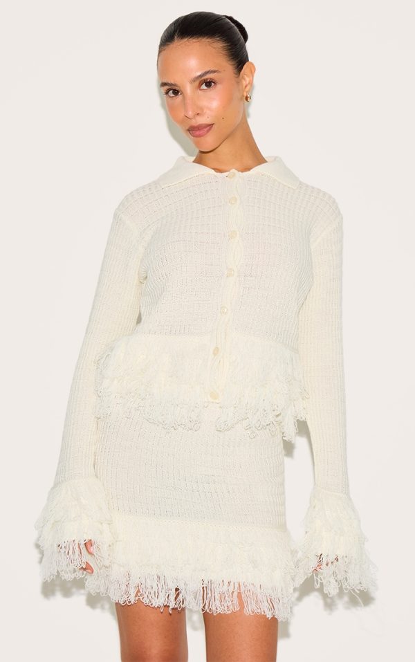 Petite Cream Rib Fringe Hem Knit Skirt
