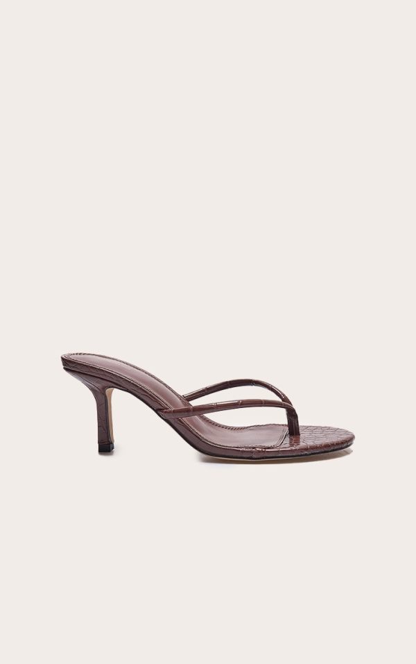 Brown Croc Pu Round Toe Thong Mid Heeled Mules