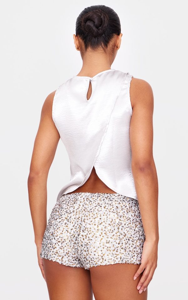 Grey Metallic Satin Boatneck Long Top