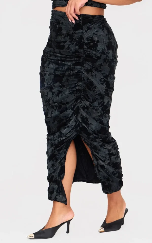 Plus Black Devore Ruched Maxi Skirt