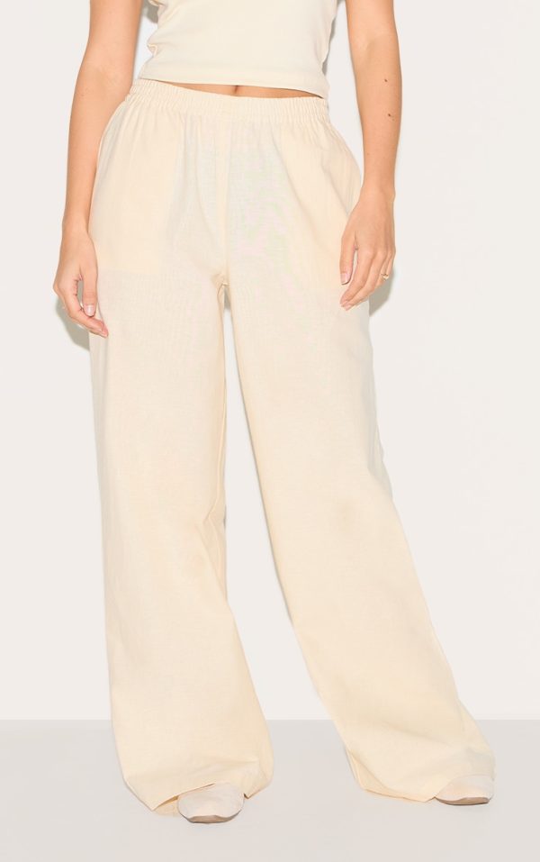 Cream Cotton Linen Look Elasticated Waist Straight Leg Pants