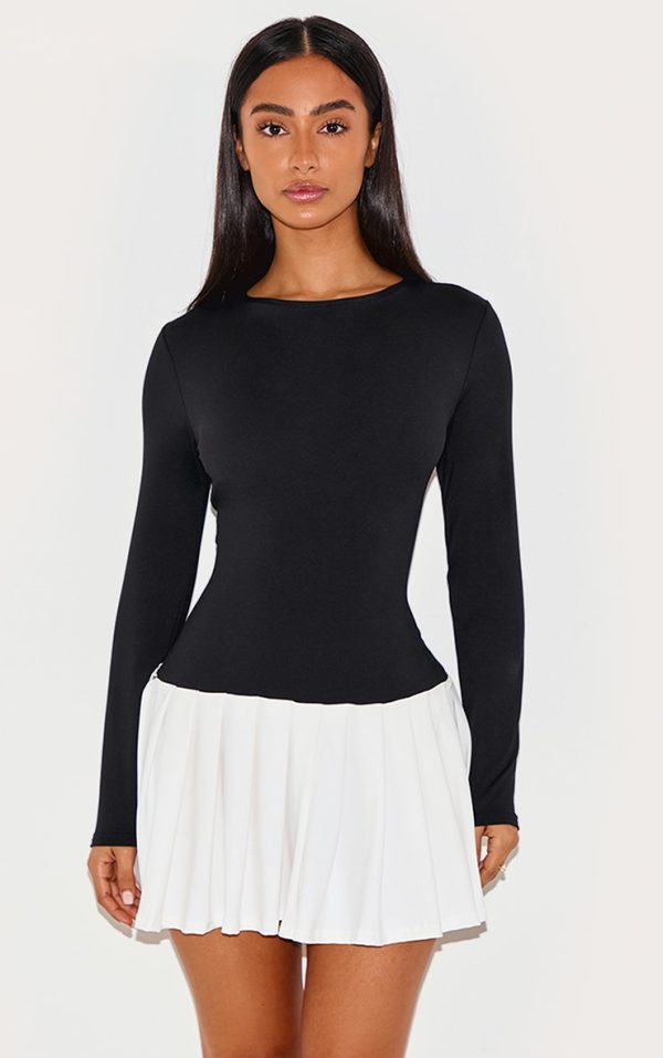 Petite Black Slinky Contrast Pleat Detail Long Sleeve Mini Dress