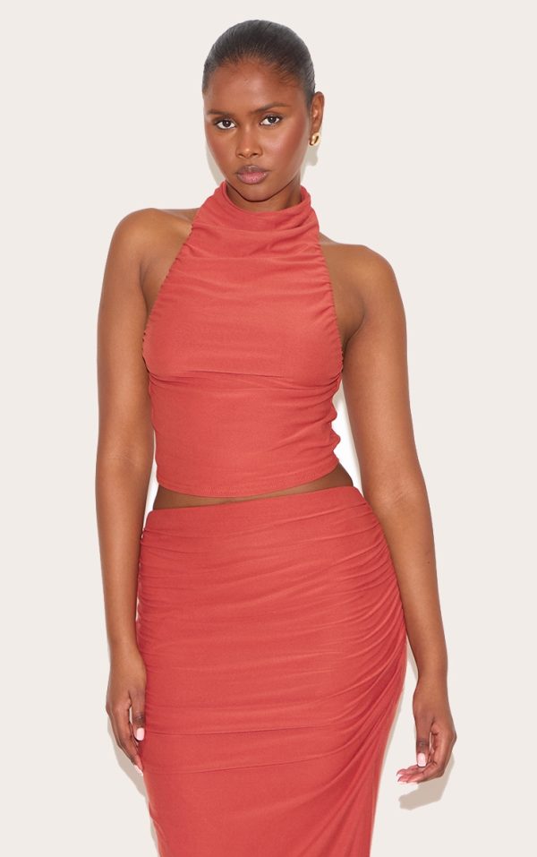 Rust Soft Touch Ruched Halter Crop Top