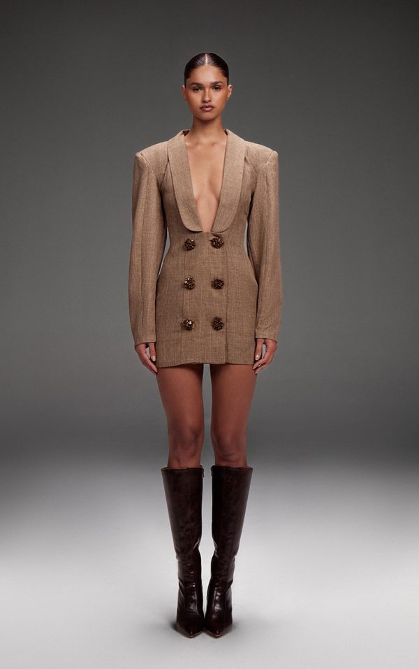 PLT Label Brown Textured Button Plunge Blazer Dress