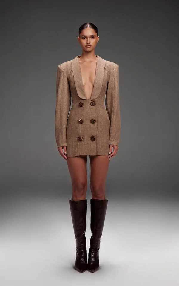 PLT Label Brown Textured Button Plunge Blazer Dress