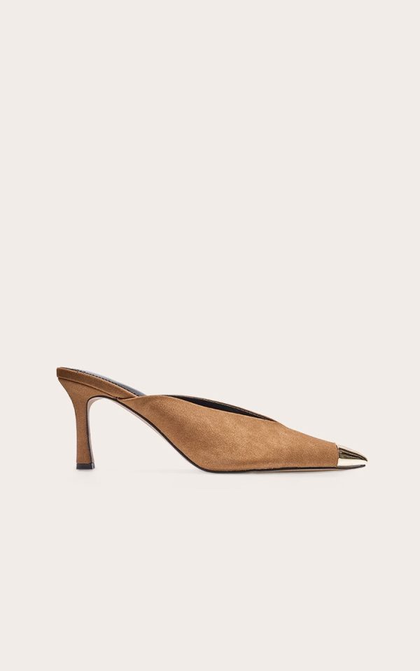 Camel Faux Suede Silver Toe Cap Point Toe Heeled Mules