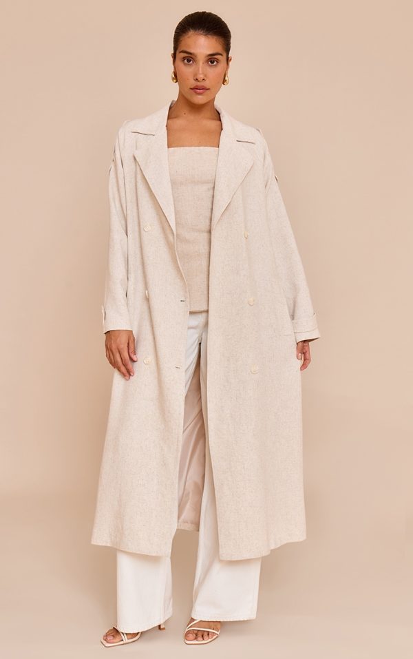 Petite Stone Oversized Linen Look Maxi Trench Coat