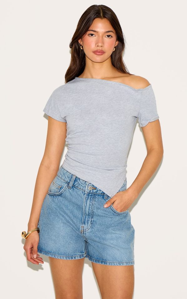 Grey Cotton Off Shoulder Drape Longline Top