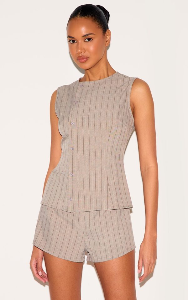 Brown Pinstripe Linen Asymmetric Button Down Romper