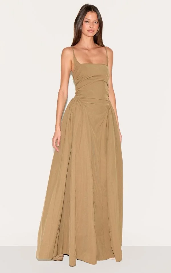 Mushroom Woven Ruched Strappy Maxi Dress