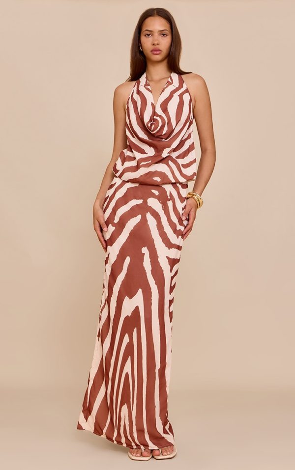 Tan Zebra Abstract Print Chiffon Cowl Neck Maxi Dress