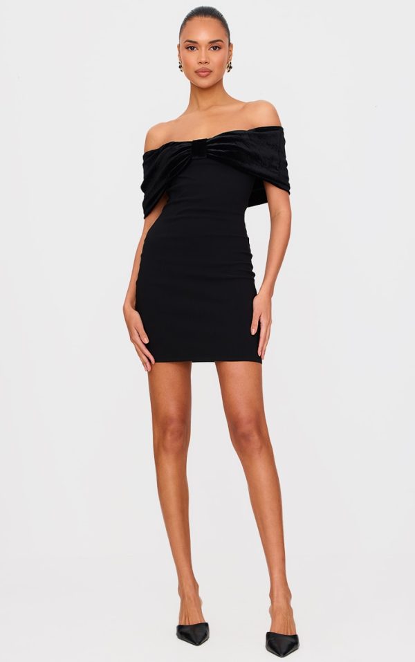 Black Stretch Woven Velvet Bow Bardot Mini Dress
