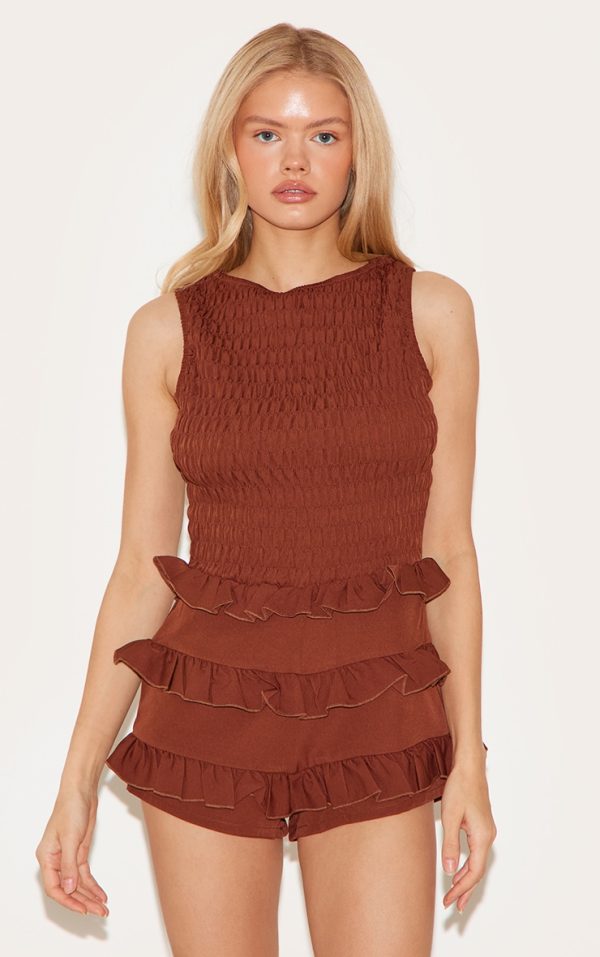 Chocolate Woven Shirred Boat Neck Romper