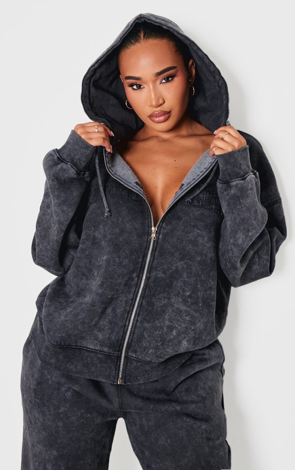 Shape Black Embroidery Washed Zip Through Hoodie