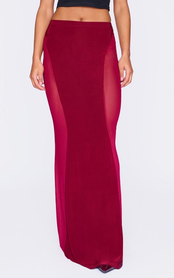 Burgundy Slinky Mesh Detail Maxi Skirt