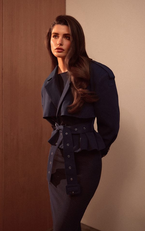 PLT Label Navy Belt Detail Cropped Trench Coat