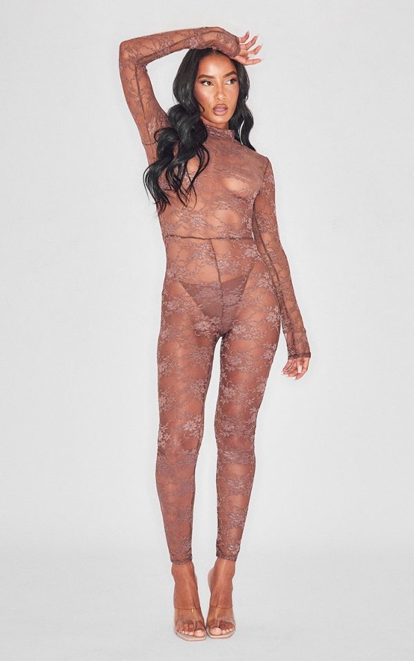 Chocolate Brown Floral Lace High Neck Jumpsuit