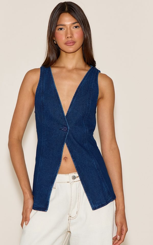 Indigo Button Detail Sleeveless Denim Vest