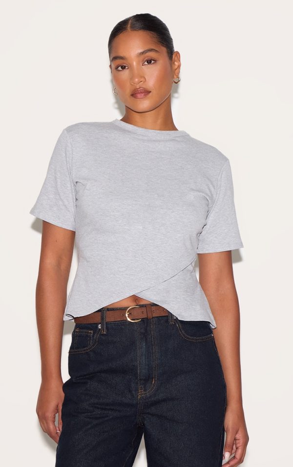 Grey Marl Cotton Ruched Side Detail T Shirt