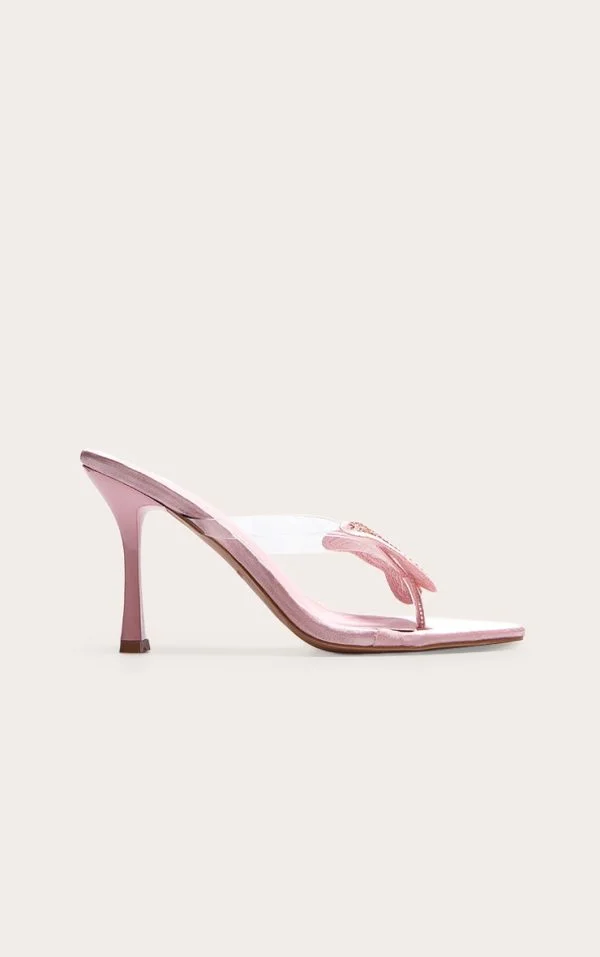 Pink Satin Round Toe Thong Diamante Butterfly Heeled Mules