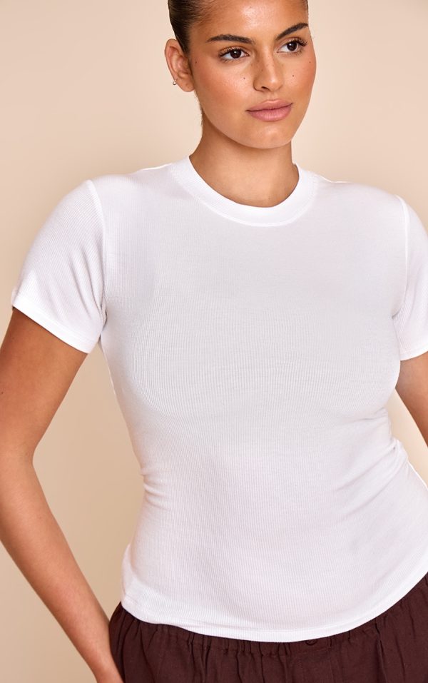 Plus White Soft Rib Crew Neck Short Sleeve Top