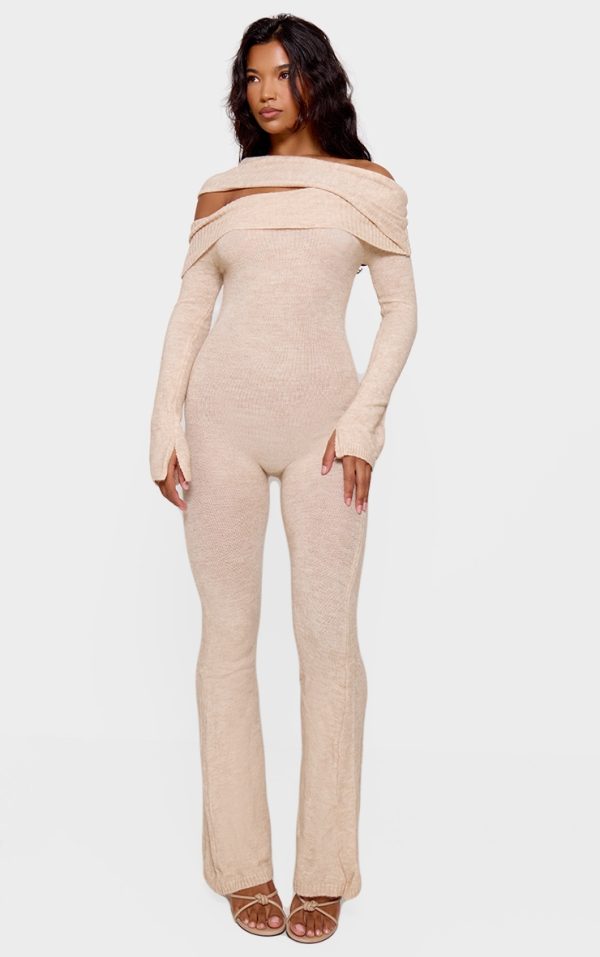 Oatmeal Soft Knit Bardot Foldover Asymmetric Neck Jumpsuit