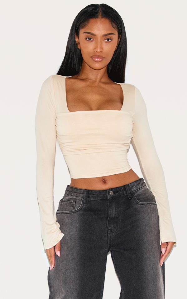 Shape Cream Super Soft Scoop Neck Ruched Bust Long Sleeve Top