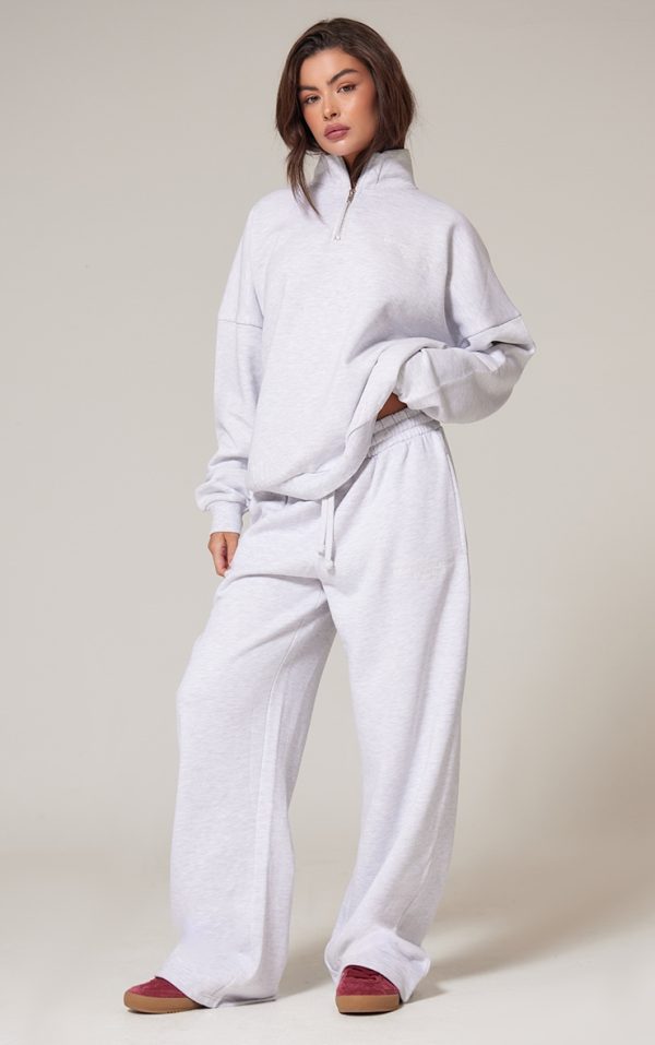 PRETTYLITTLETHING Ash Grey Premium Embroidered Oversized Wide Leg Sweatpants