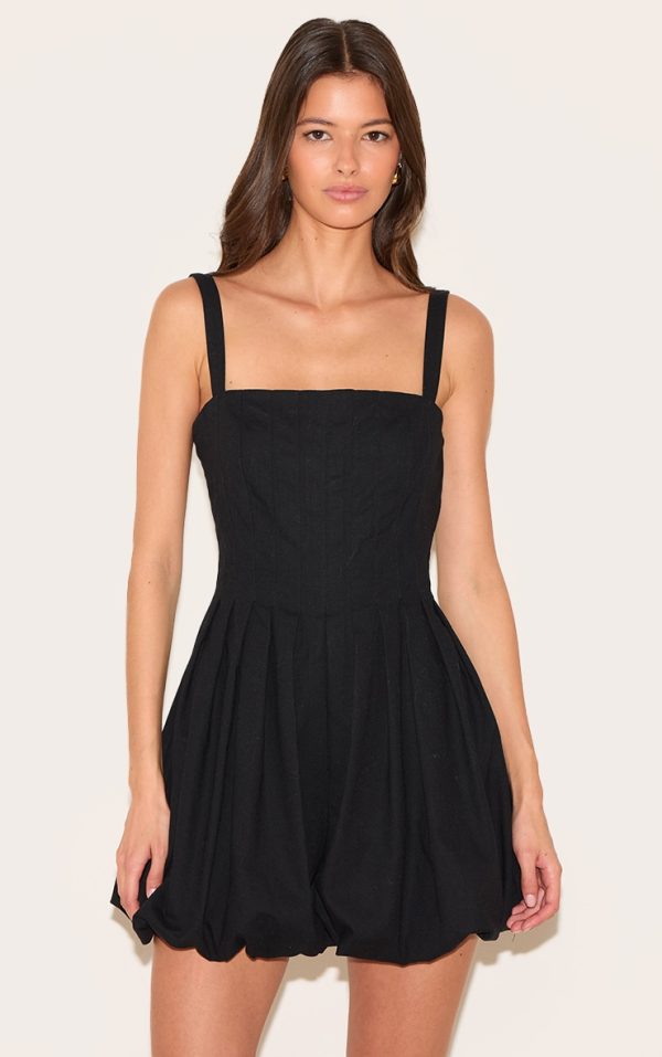 Black Twill Pleated Puffball Romper
