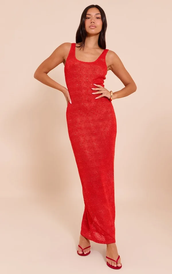 Tomato Red Sequin Sheer Racer Neck Maxi Dress