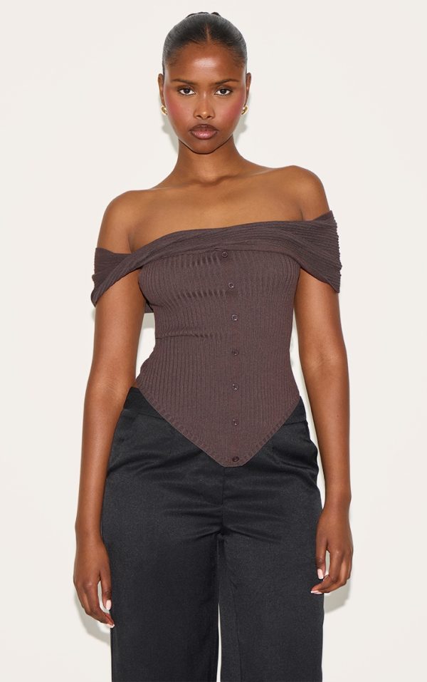 Chocolate Rib Knit Twist Bardot Button Through Top