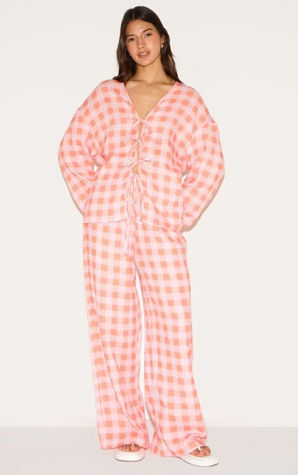 Orange Checked Cheesecloth Tie Waist Wide Leg Pant