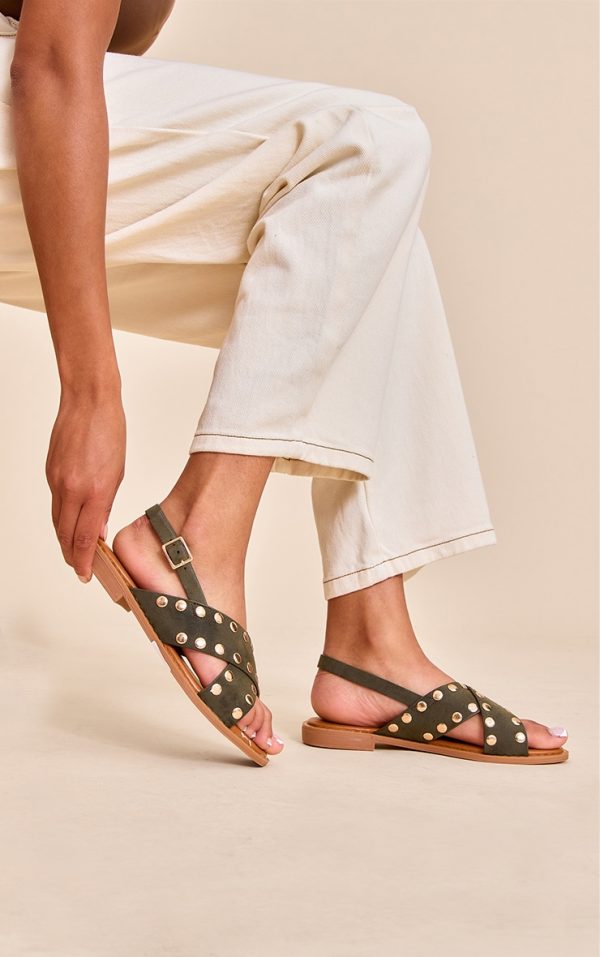 Khaki Faux Suede Studded Sling Back Sandal