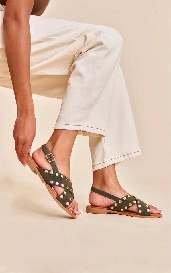 Khaki Faux Suede Studded Sling Back Sandal