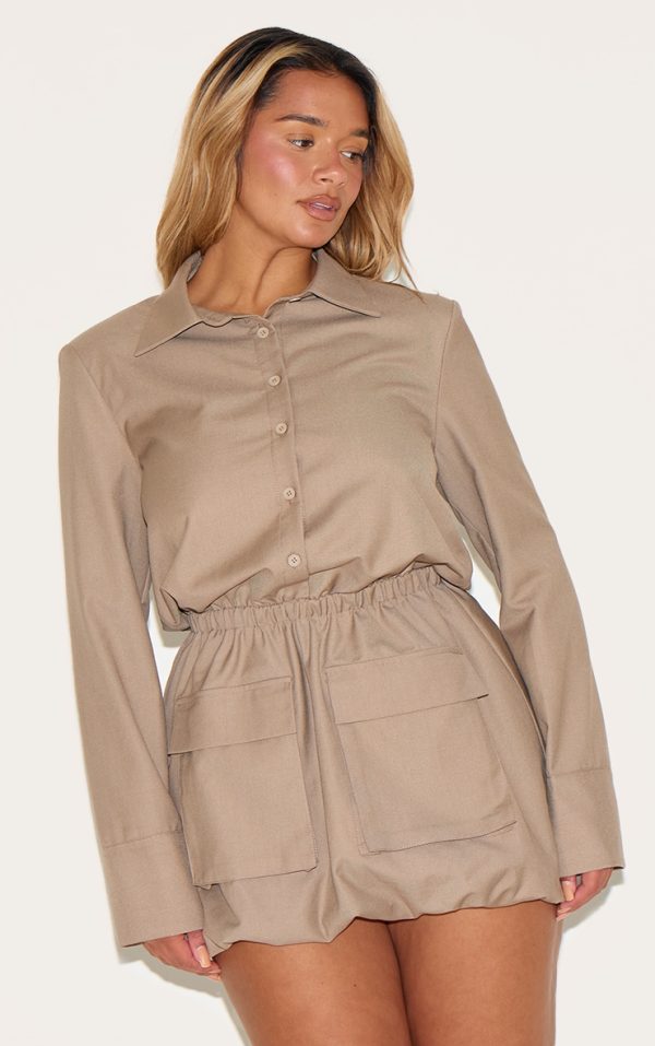 Shape Mocha Button Front Puffball Cargo Shirt Dress